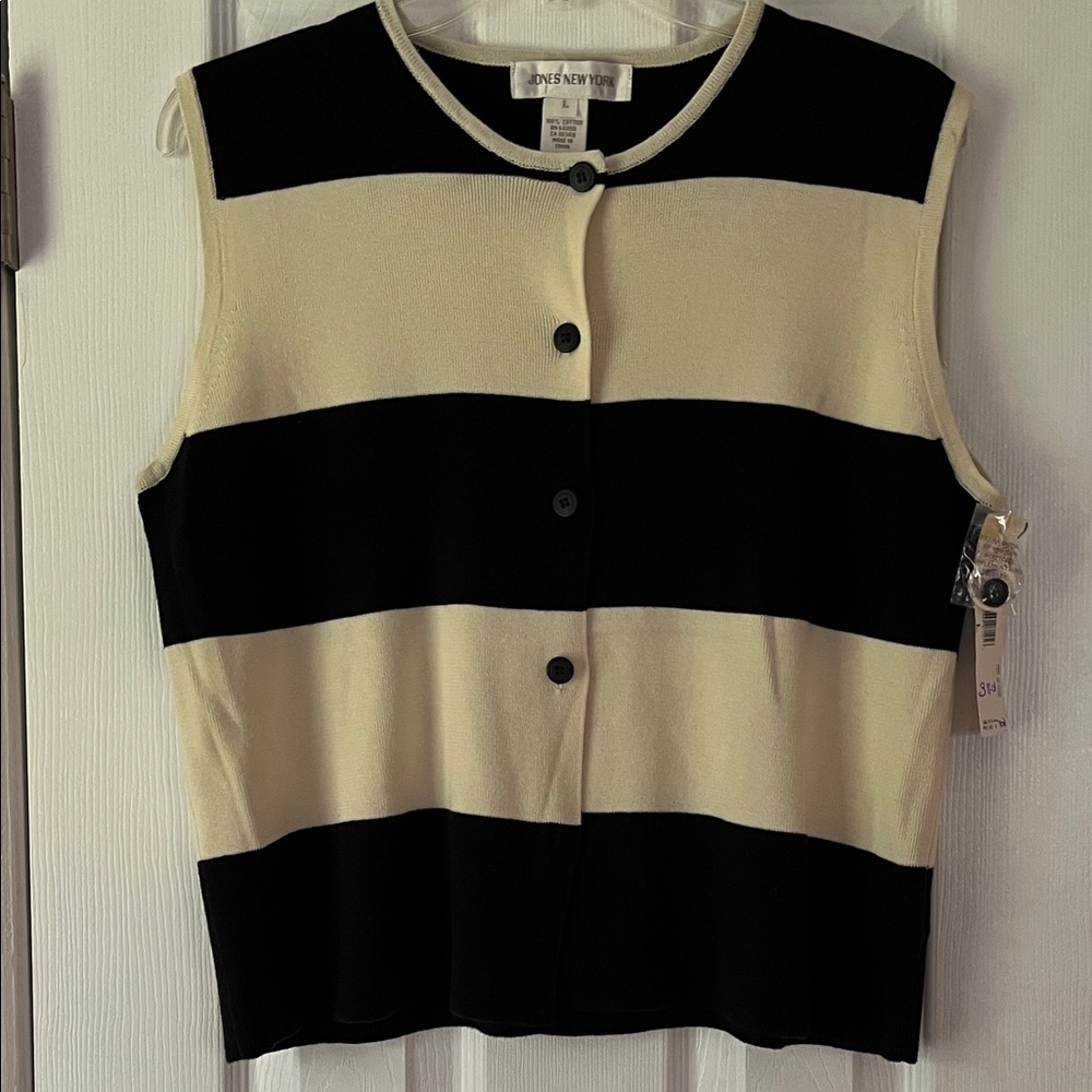 Jones New York Black and Cream Striped Sleeveless Top